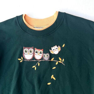 Owl birdie sweater cozy‎ collared sweatshirt comfy green yellow size L